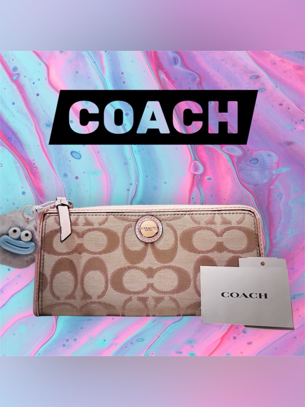 Vintage COACH Khaki Signature Canvas Zip Wallet with Pale Pink Trim - Picture 6 of 17